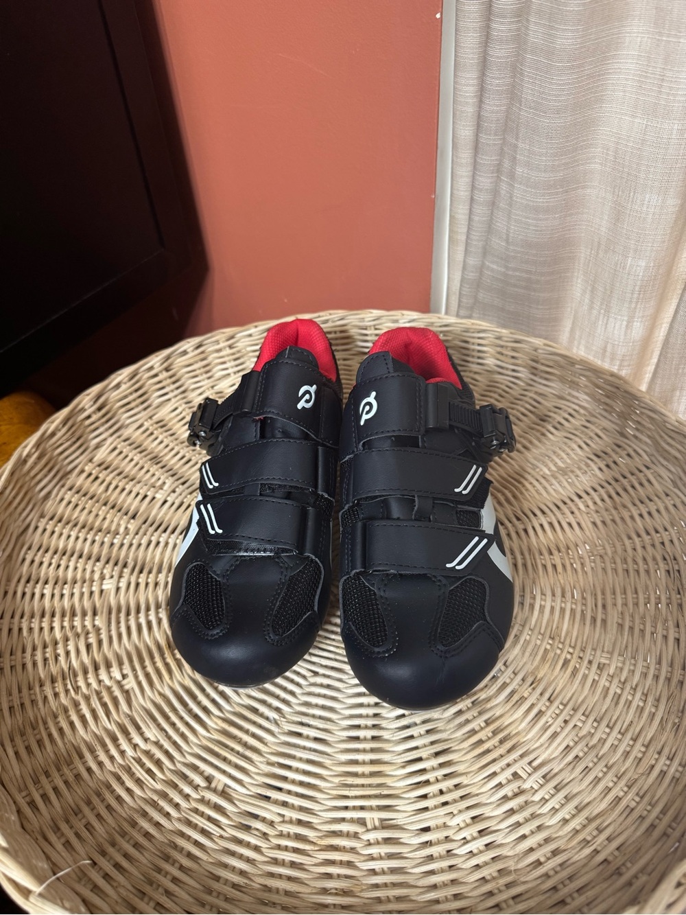 Peloton Men's Black Cycling Shoes with Red Interior and White Accents